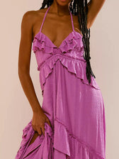 Halter Neck Deep V-Neck Ruffle Tiered Backless Maxi Dress 27