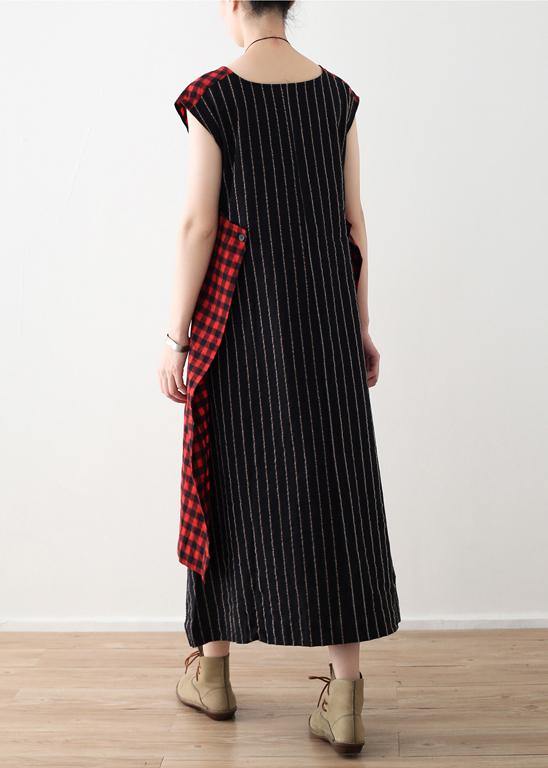Gingham Plaid Patch Pocket Sleeveless Tiered Hem Loose Midi Dress