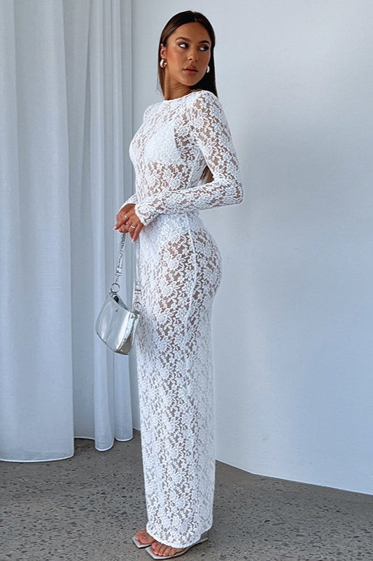 Sheer Lace Cutout Pattern Bodycon Maxi Lace Dress