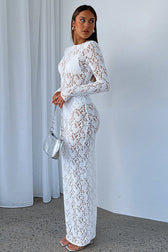 Sheer Lace Cutout Pattern Bodycon Maxi Lace Dress