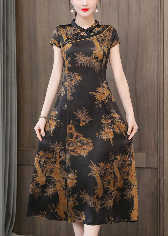 Bird Print Mandarin Collar Frog Button Cap Sleeve Cheongsam Midi Dress