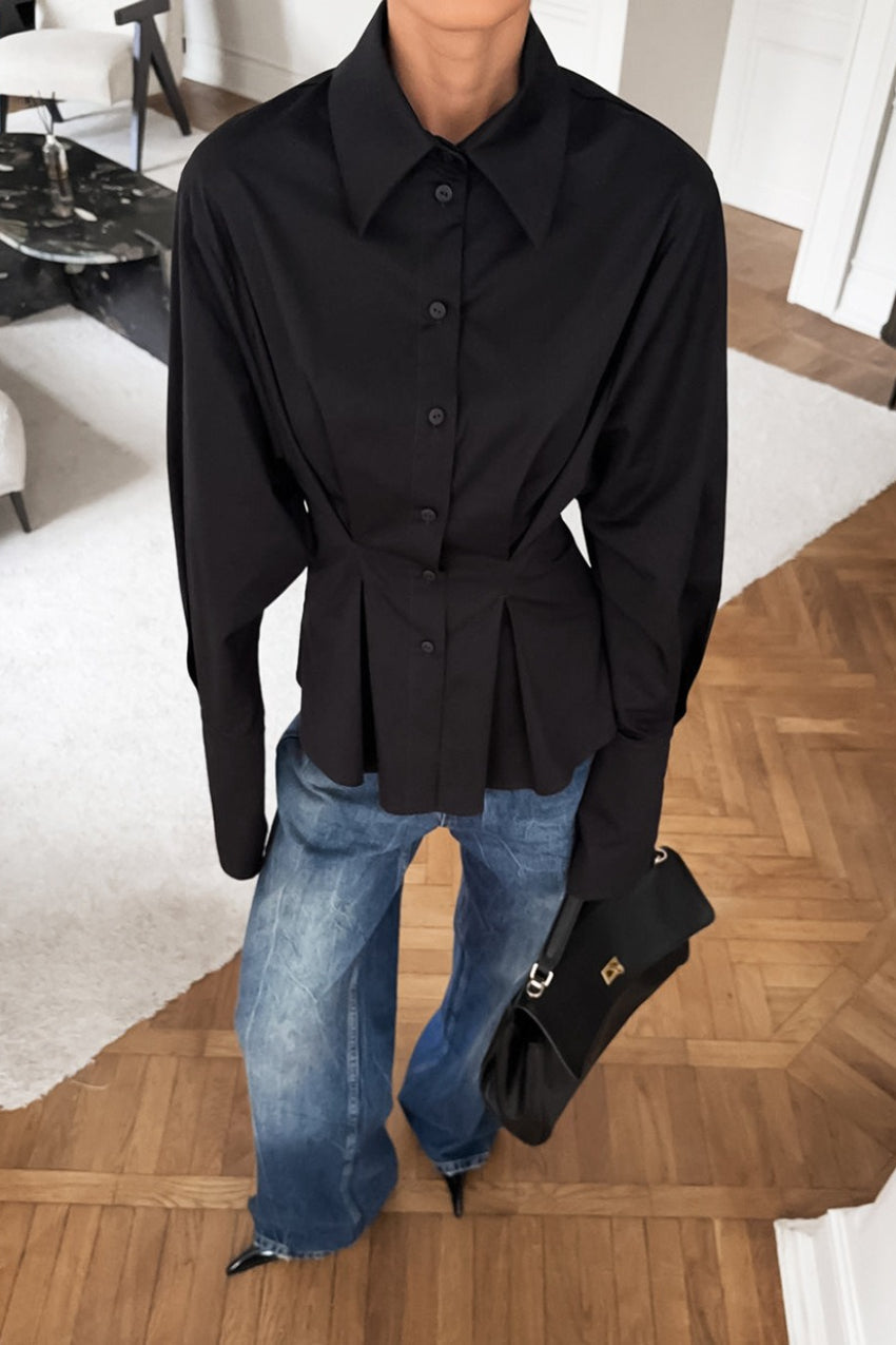 Collared Long Sleeve Pleated Cinched Waist Button Front Shirt 8
