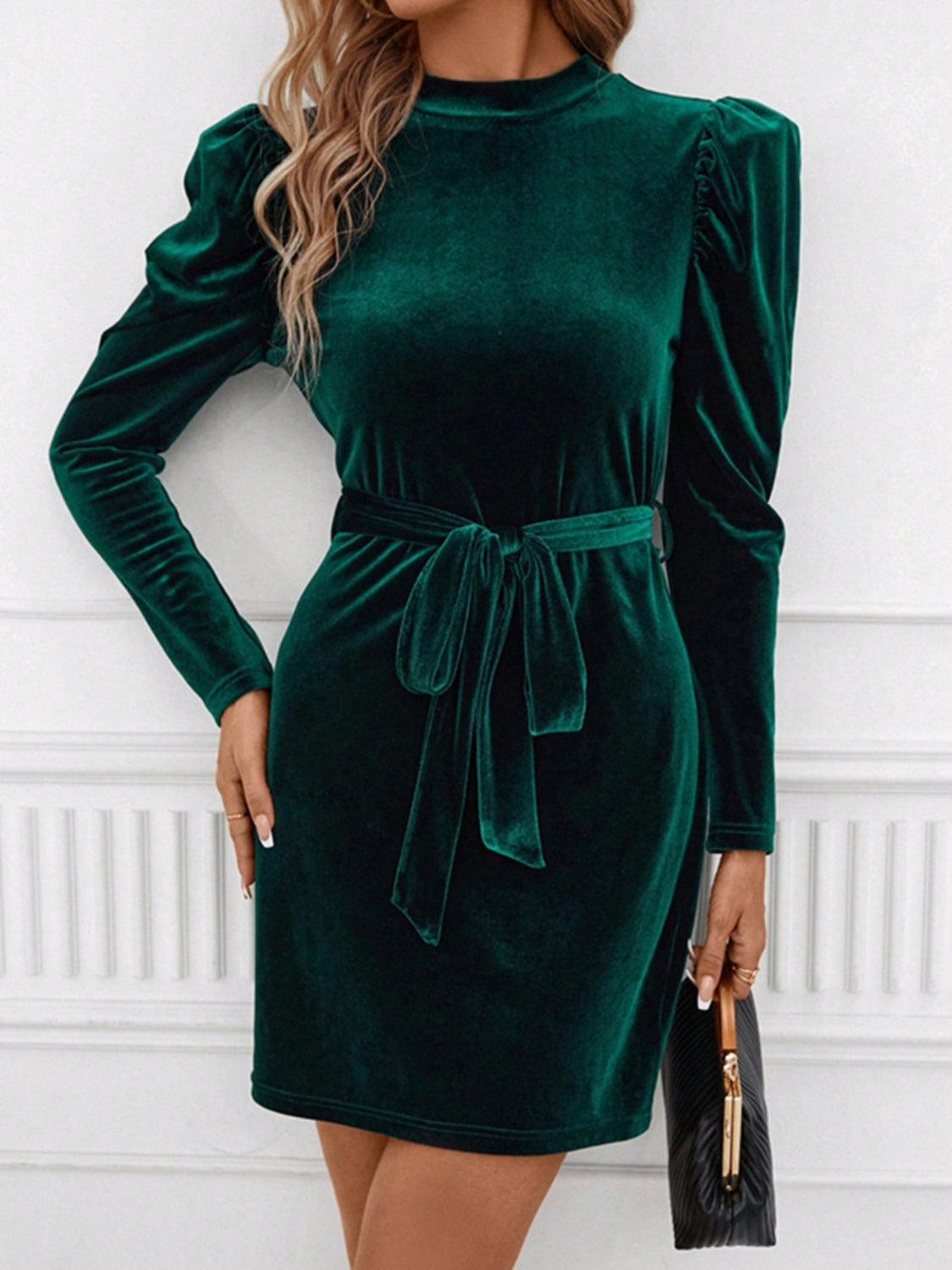 Noemí Timeless Mini Dress with Stand Up Collar, Tie Waist and Puff Sleeves Premium Wardrobe Essential