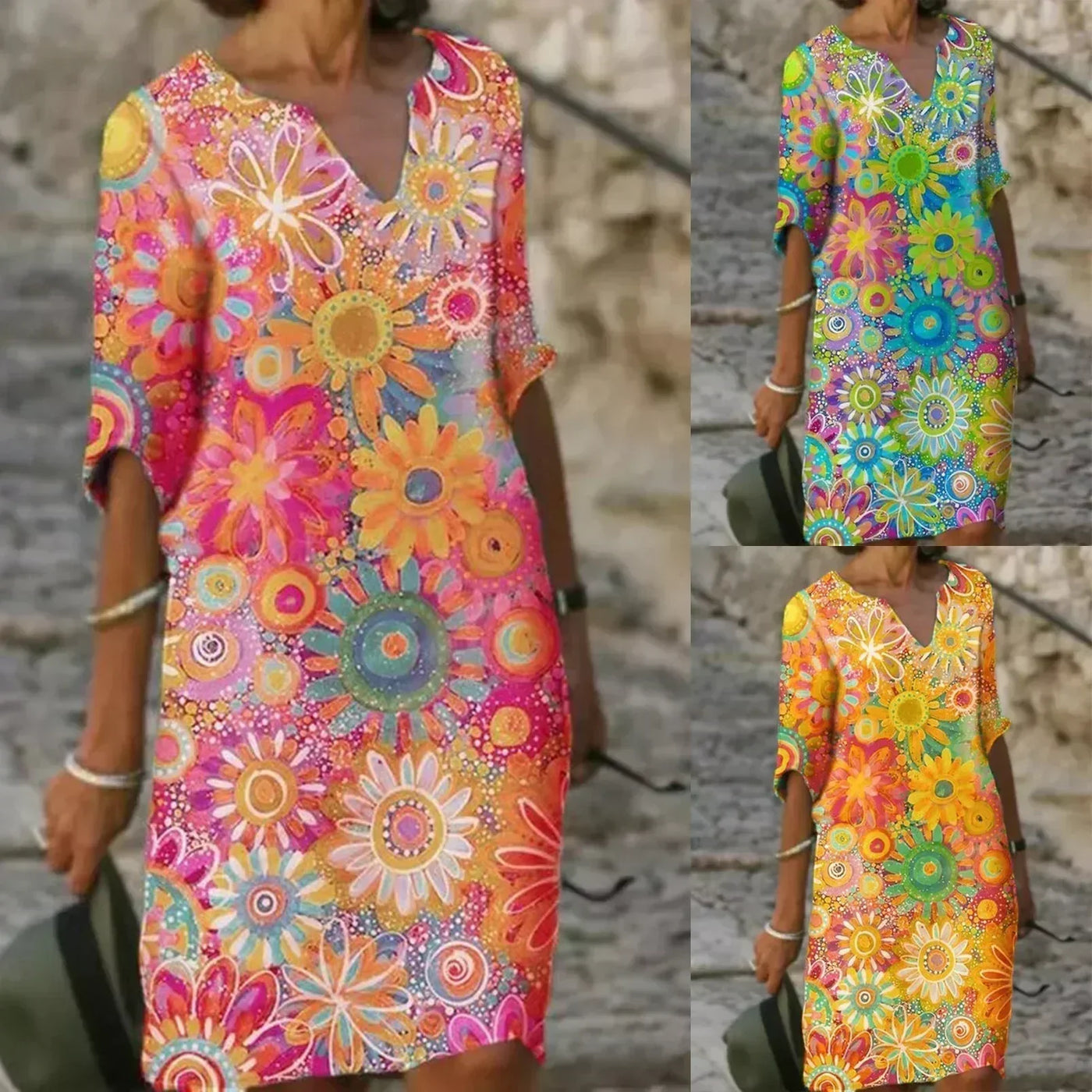 Floral V-Neck Short Sleeve Shift Midi Dress Summer 4