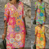 Floral V-Neck Short Sleeve Shift Midi Dress Summer 4