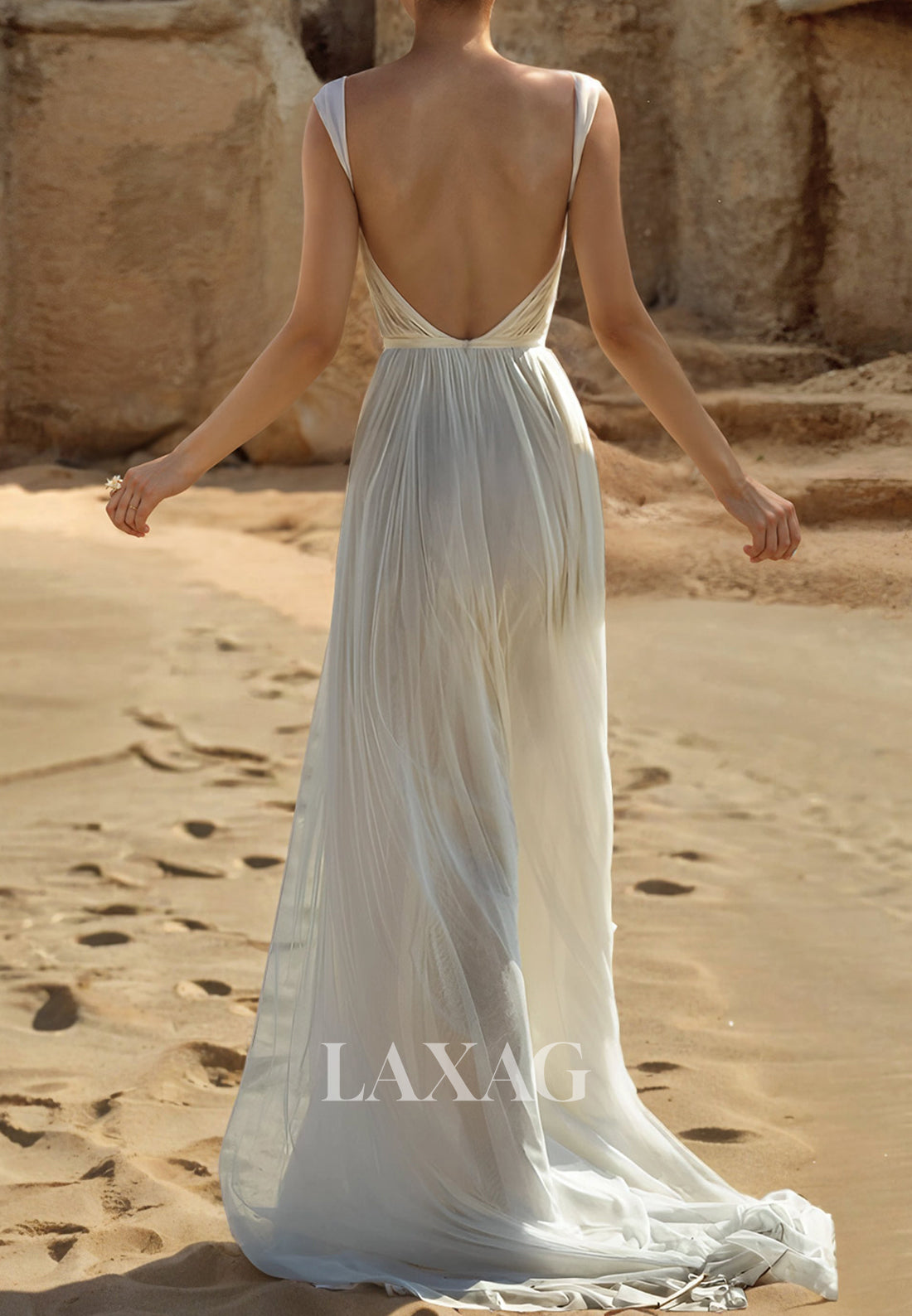 Sweetheart Pleated Tulle A-Line Wedding Dress Spaghetti Straps Sleeveless Bride Gowns with High Slit