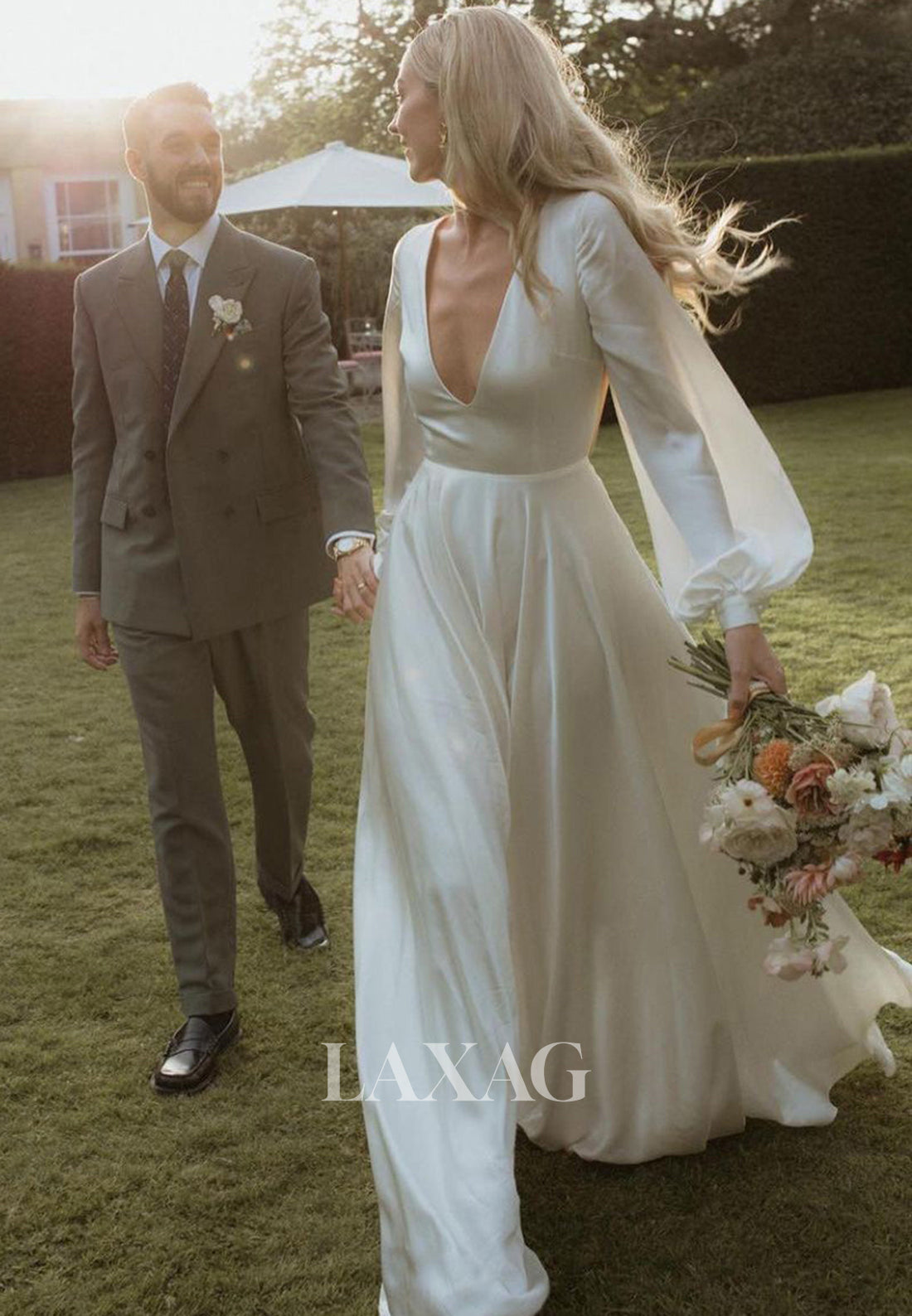 Deep V-Neck Long-Sleeves A-Line Wedding Dress Pleated Satin Backless Bride Gowns with Sweep Train