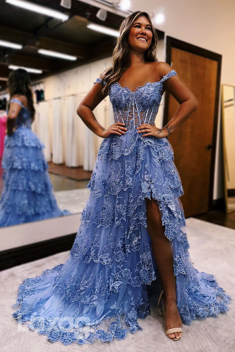 22129 - A-Line Off Shoulder Appliques illusion  High Slit Party Prom Formal Evening Dress