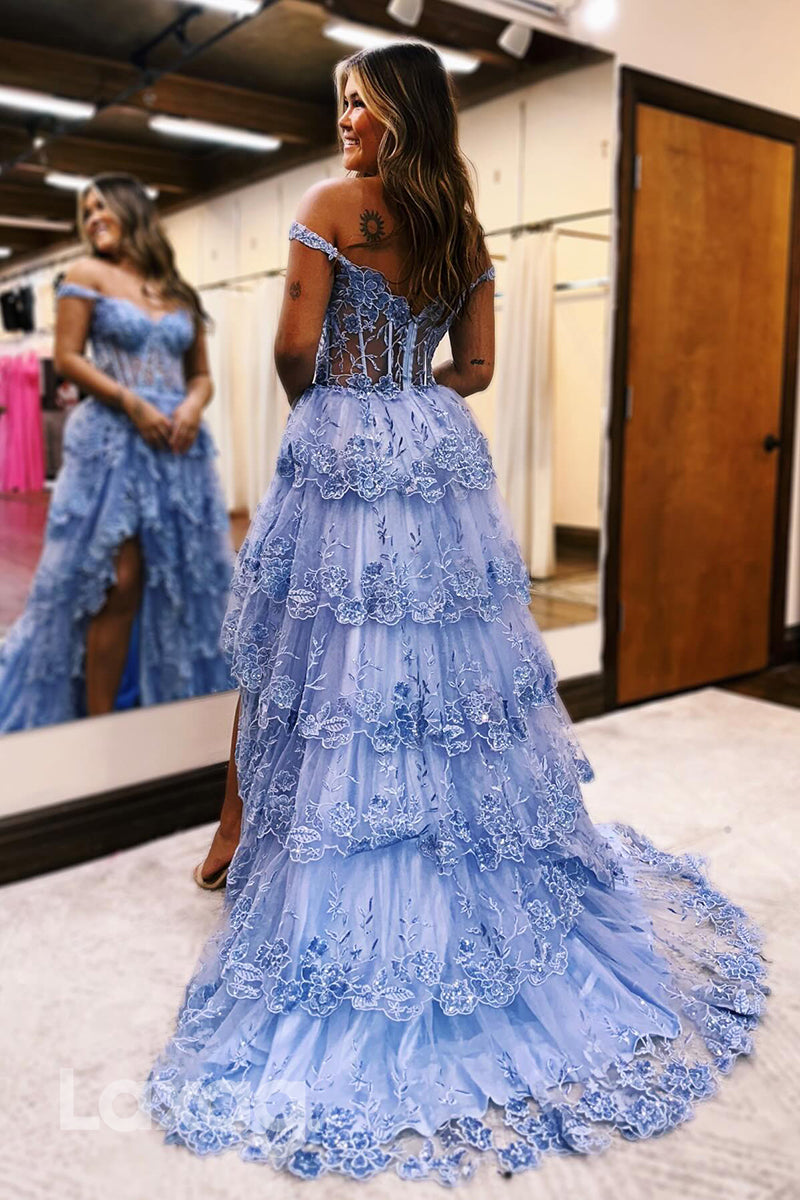 22129 - A-Line Off Shoulder Appliques illusion  High Slit Party Prom Formal Evening Dress