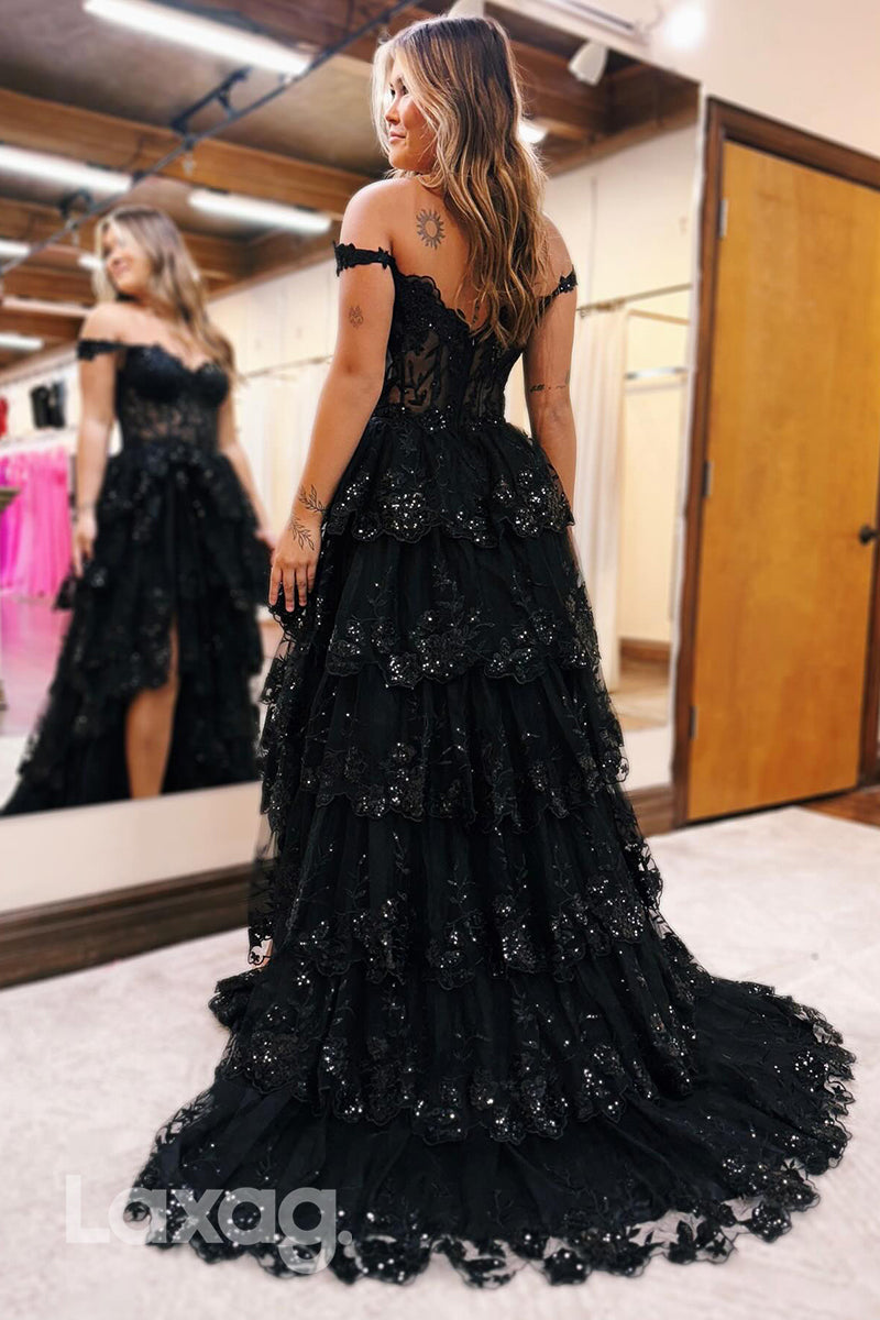 22129 - A-Line Off Shoulder Appliques illusion  High Slit Party Prom Formal Evening Dress