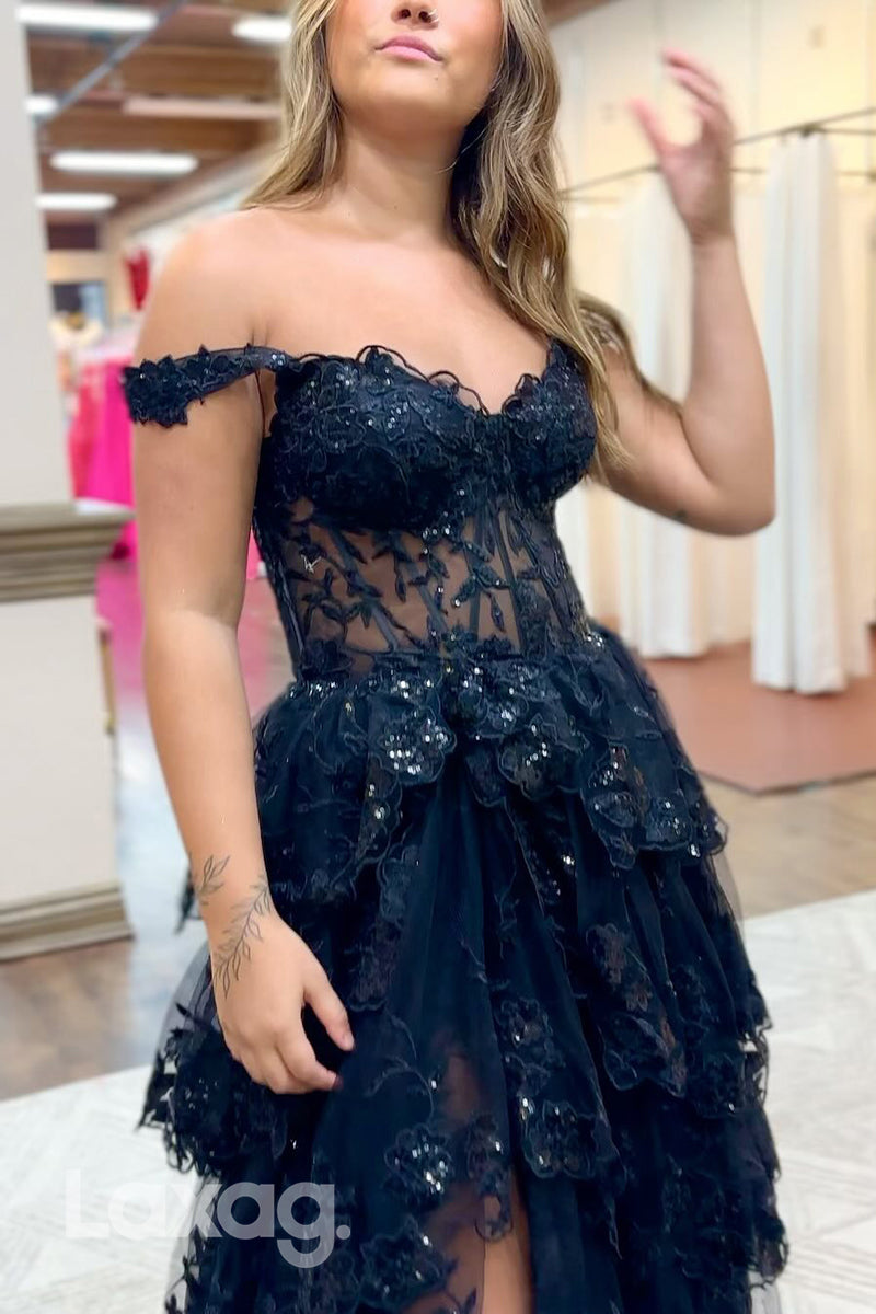 22129 - A-Line Off Shoulder Appliques illusion  High Slit Party Prom Formal Evening Dress