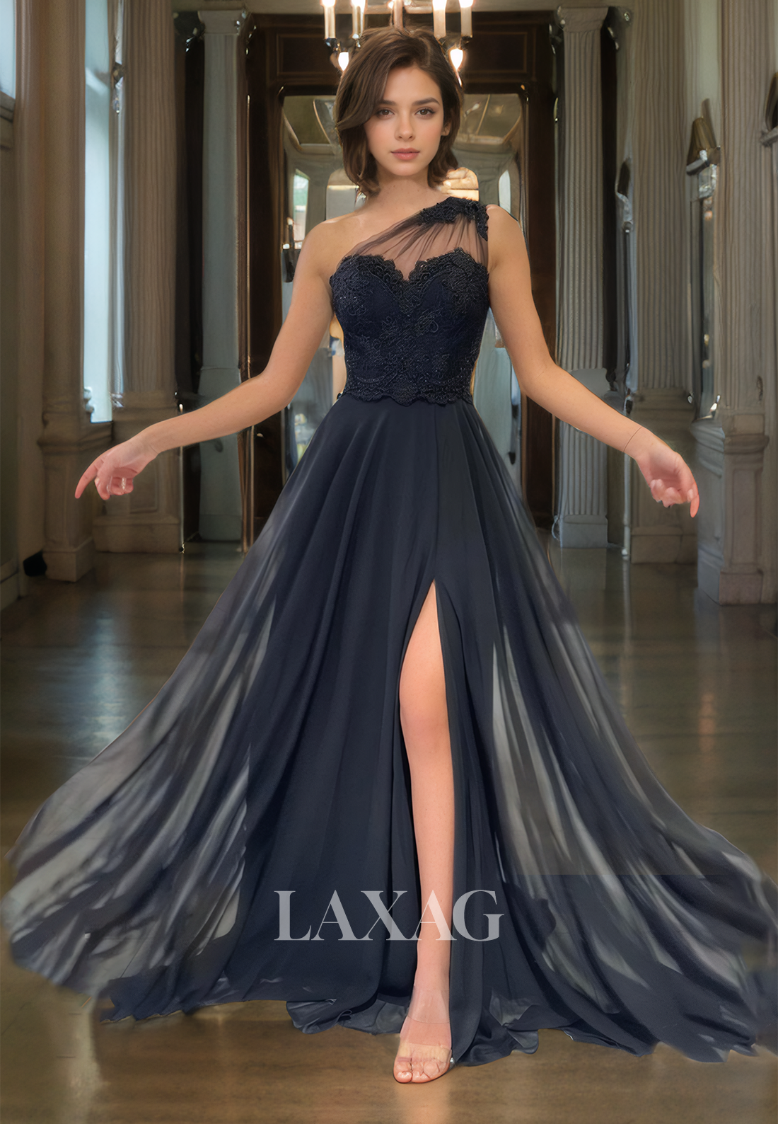19785 - Unique One Shoulder Lace Appliques A-line Formal Evening Dress with Slit