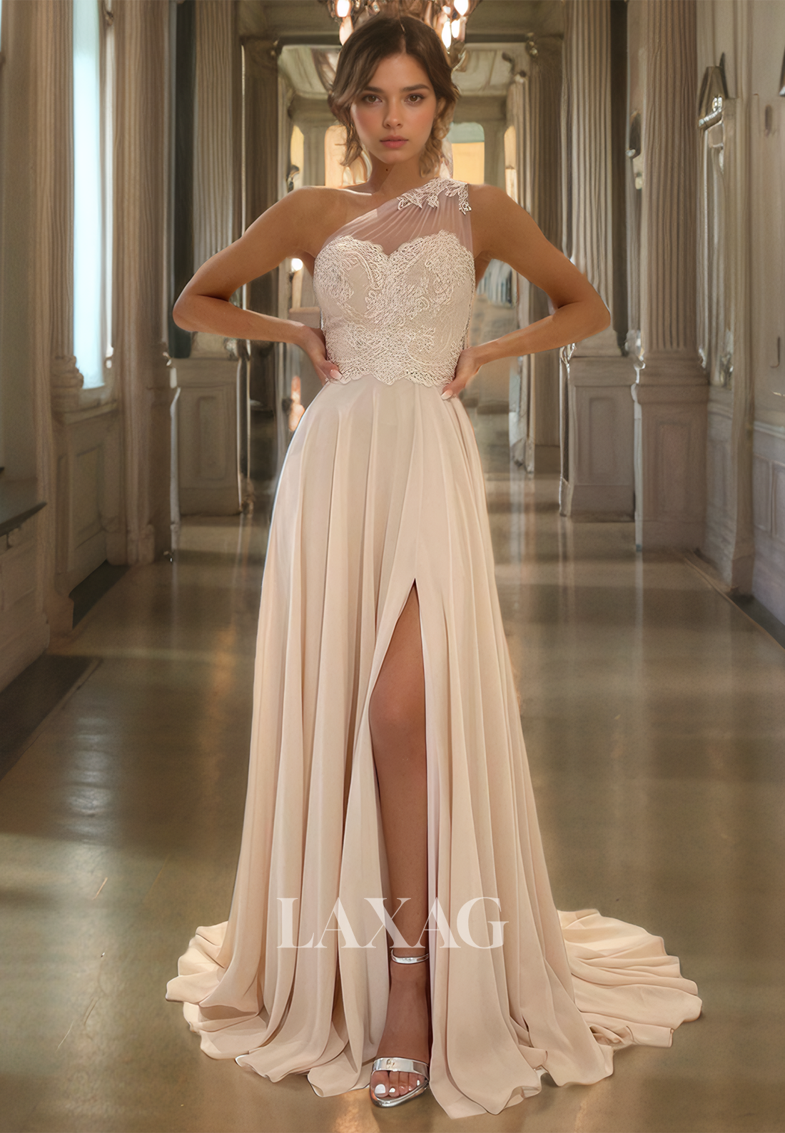 19785 - Unique One Shoulder Lace Appliques A-line Formal Evening Dress with Slit