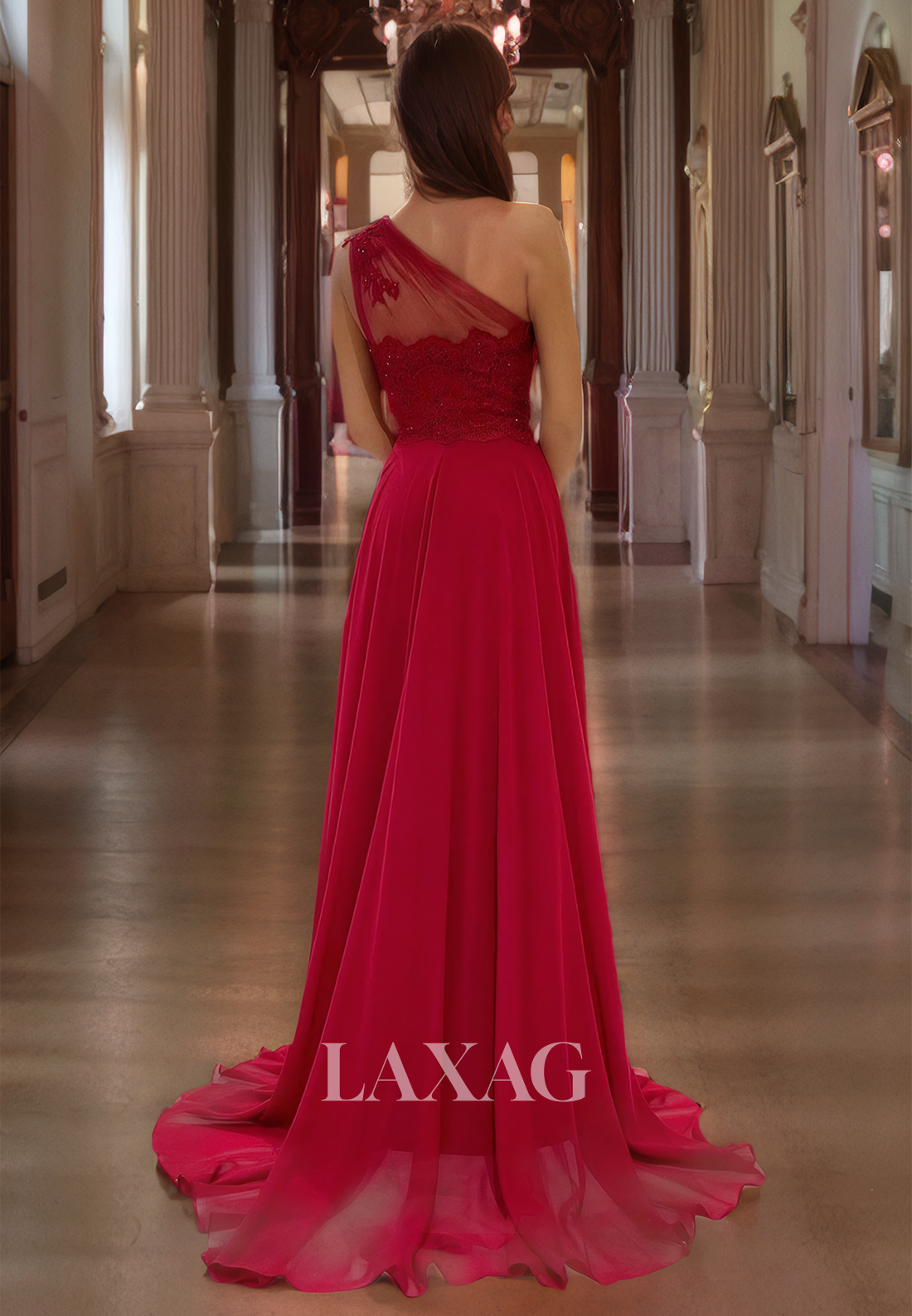 19785 - Unique One Shoulder Lace Appliques A-line Formal Evening Dress with Slit