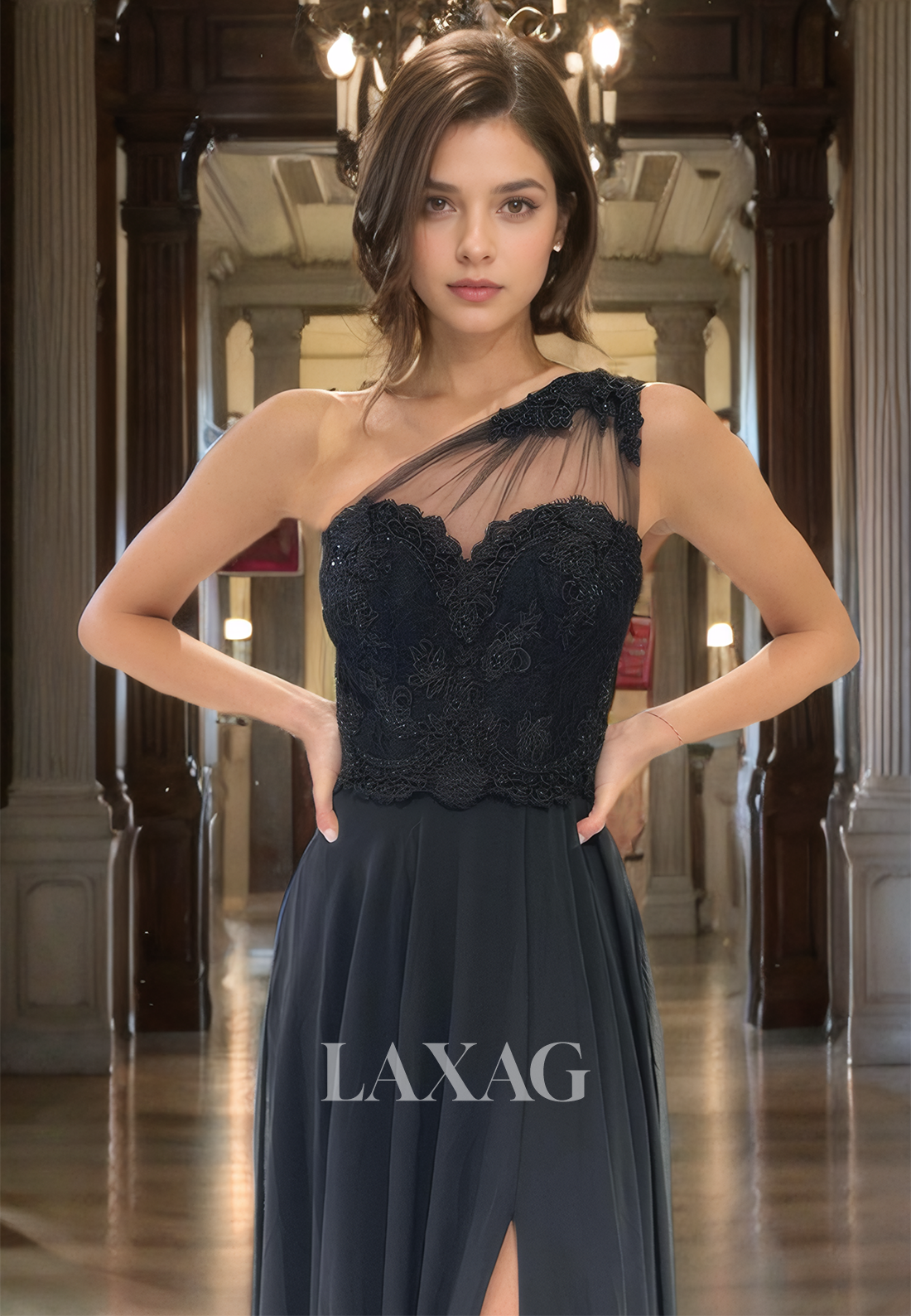 19785 - Unique One Shoulder Lace Appliques A-line Formal Evening Dress with Slit