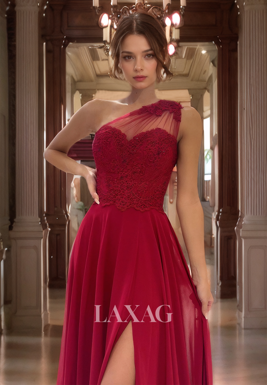 19785 - Unique One Shoulder Lace Appliques A-line Formal Evening Dress with Slit