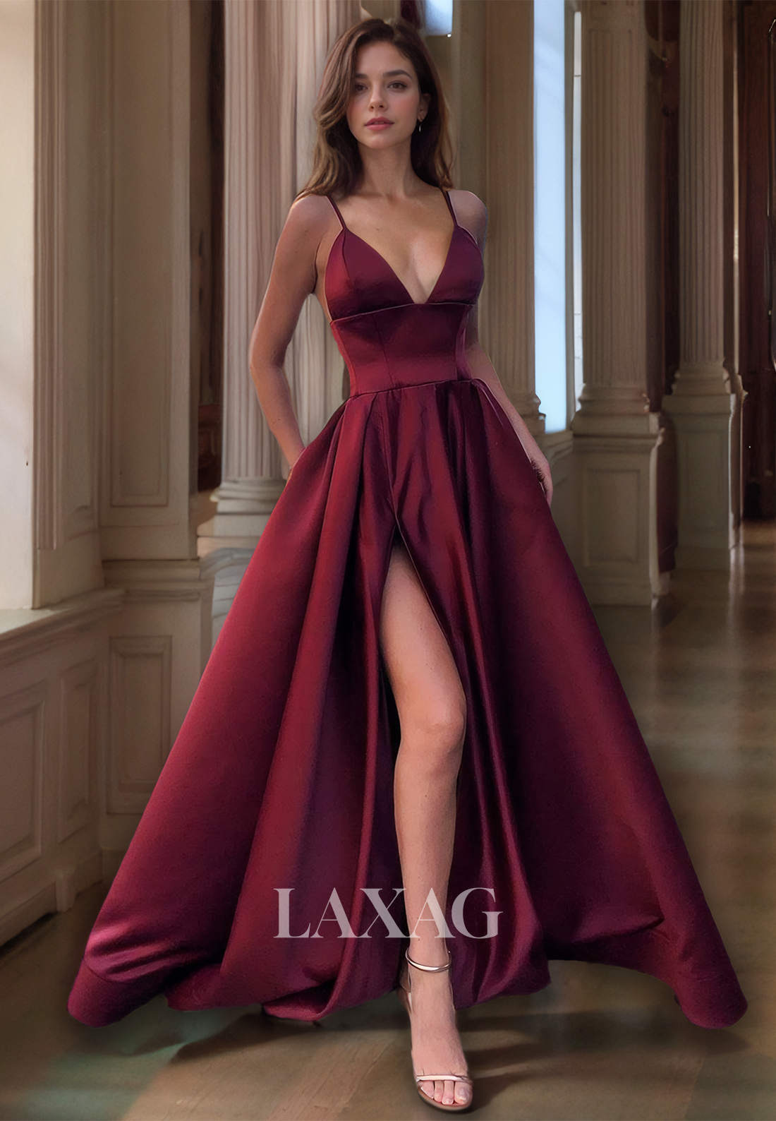 V-Neck Simple Elegant Long Formal Prom Dress Spaghetti Straps A-Line Party Dress with Pockets