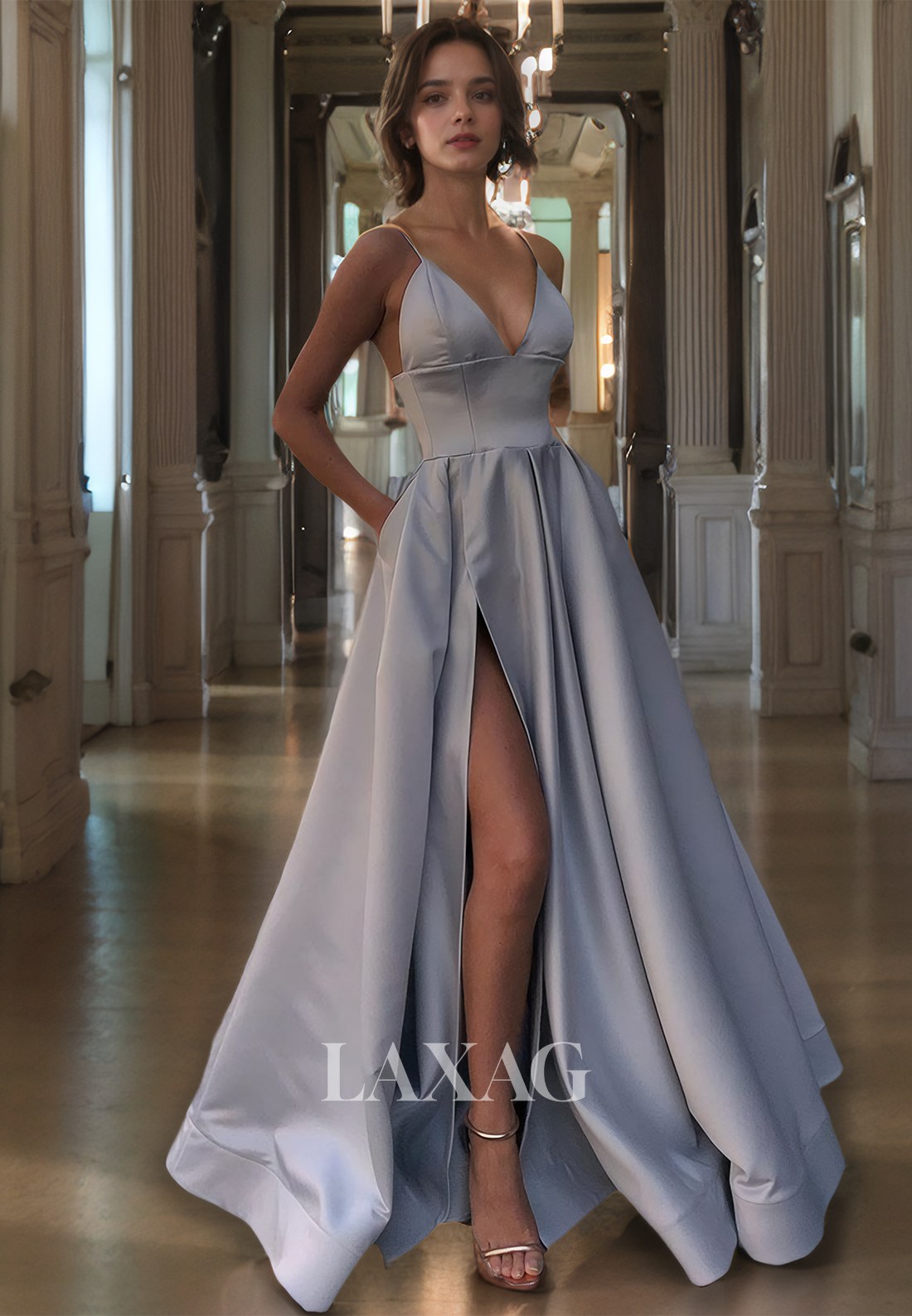 V-Neck Simple Elegant Long Formal Prom Dress Spaghetti Straps A-Line Party Dress with Pockets