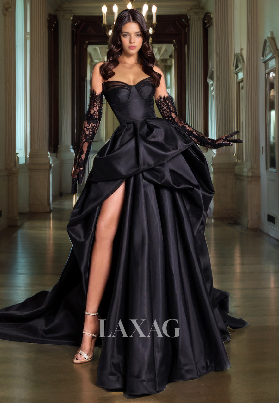 Sweetheart Off-Shoulder Satin A-Line Prom Dress Pleated High Slit Evening Gowns with Lace Gloves