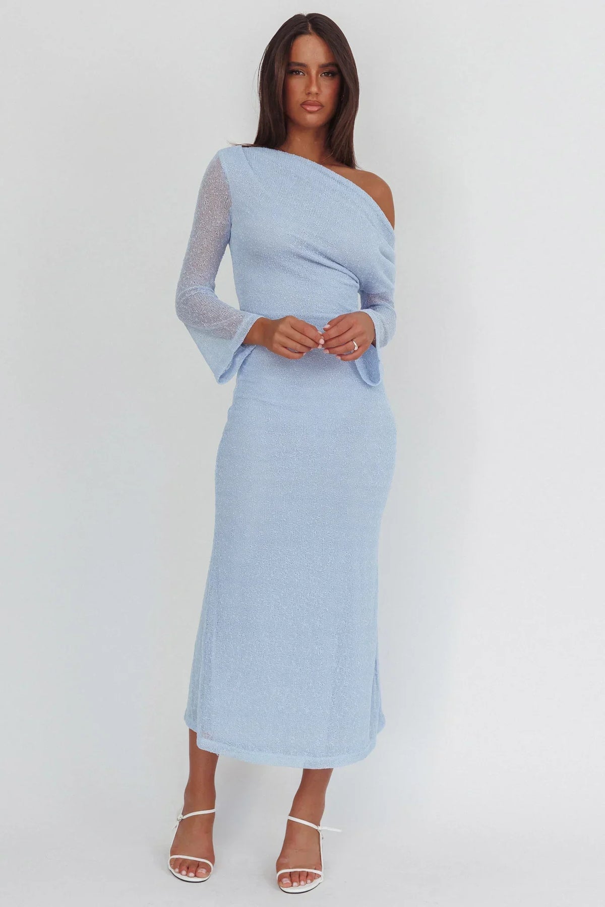 Alivya Asymmetric Neckline Knit Maxi Dress Blue