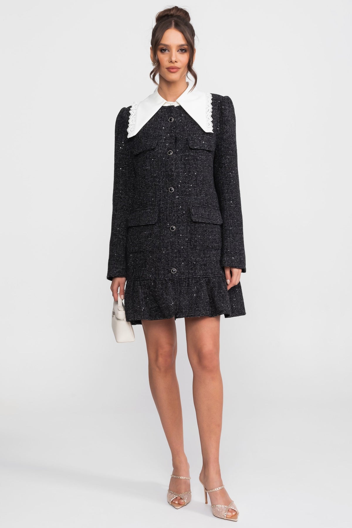 Sequin Tweed Contrast Collar Long Sleeve Button Front Ruffle Hem Mini Dress 2