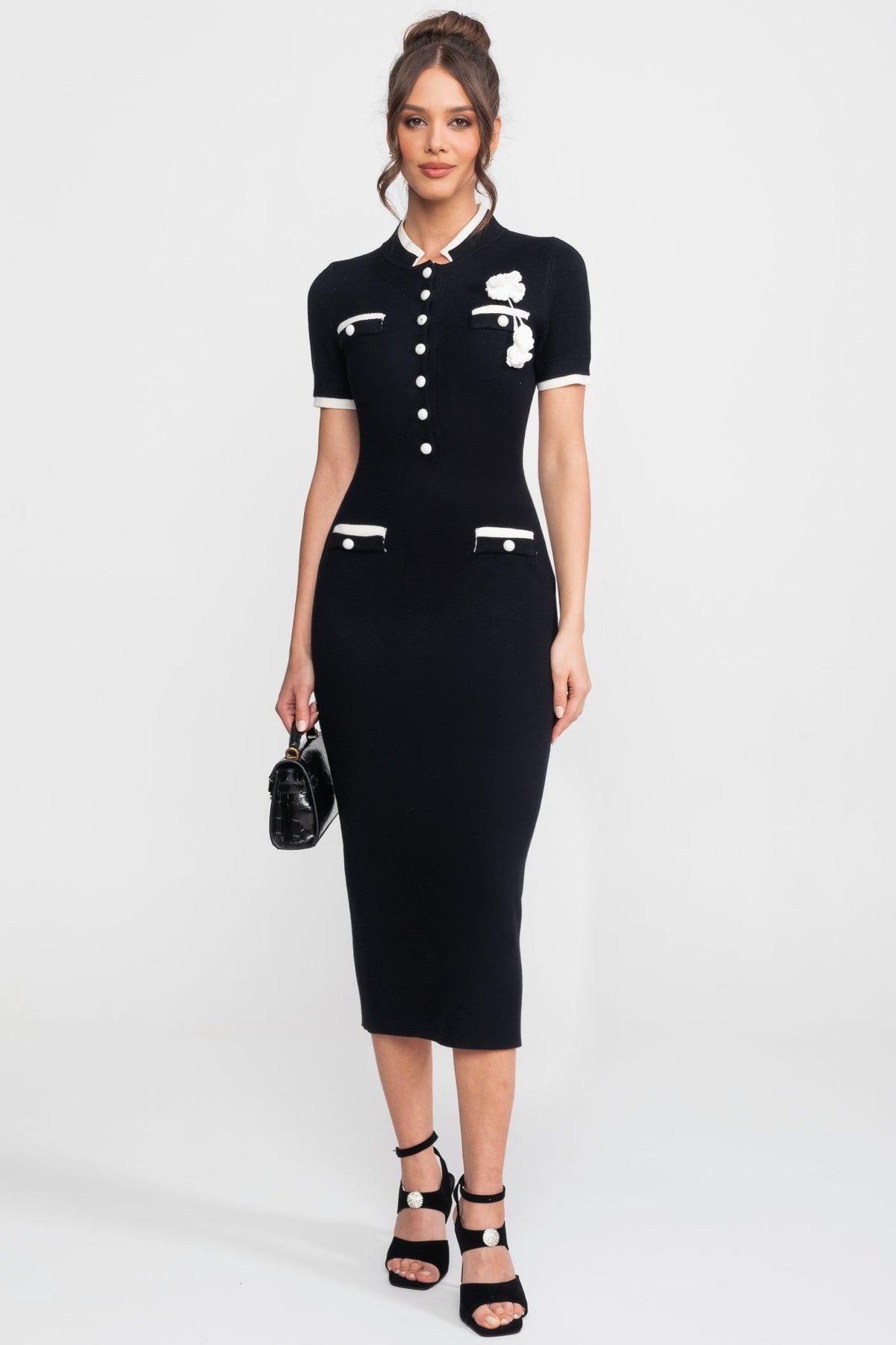 Short Sleeve Button Front Contrast Trim Flower Applique Knit Bodycon Midi Dress 2