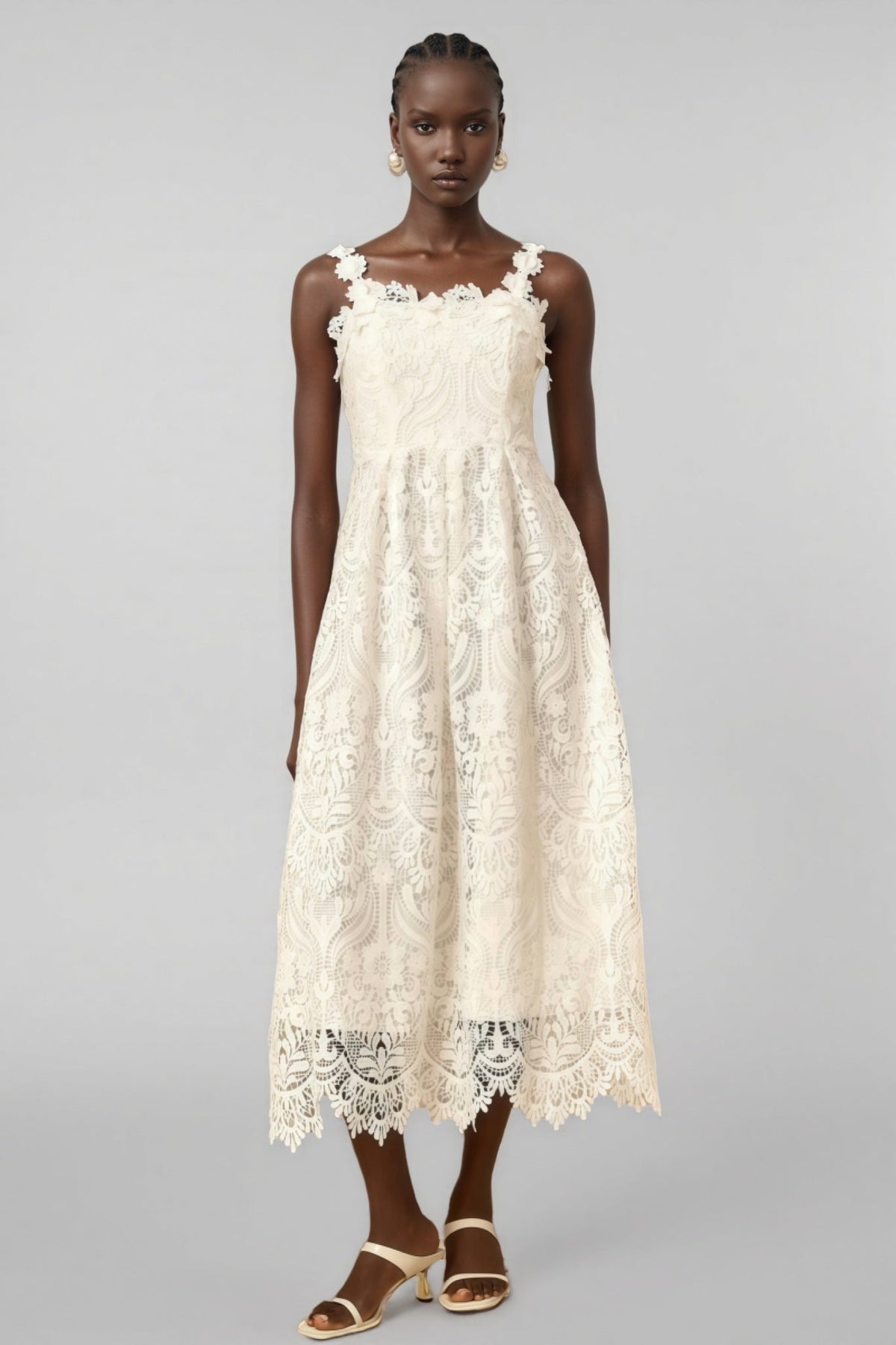 Lace Floral Applique Strap Scalloped Hem A-Line Midi Dress