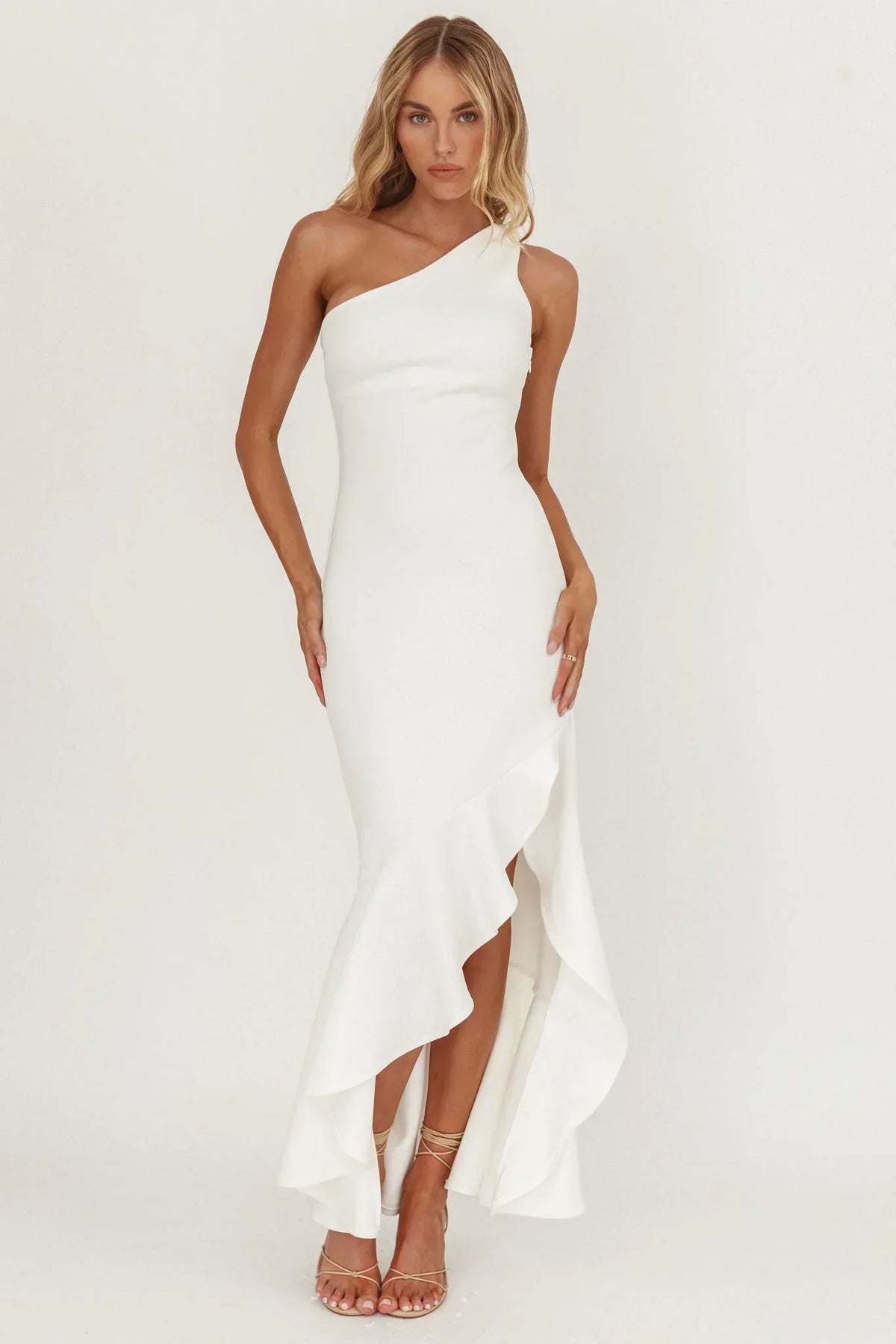 One Shoulder Fitted Ruffle High Low Hem Maxi Dress