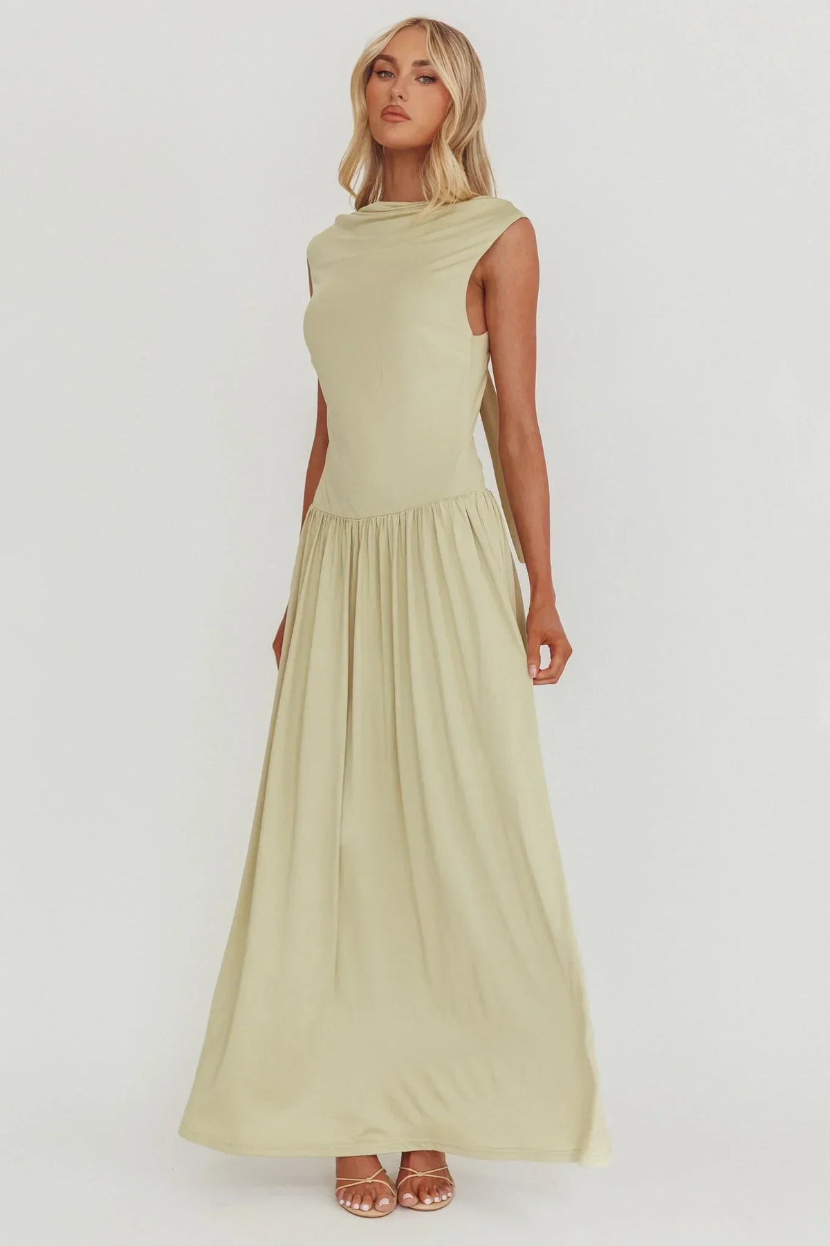 High Cowl Neck Cap Sleeve Open Back Drop Waist Maxi Dress 4