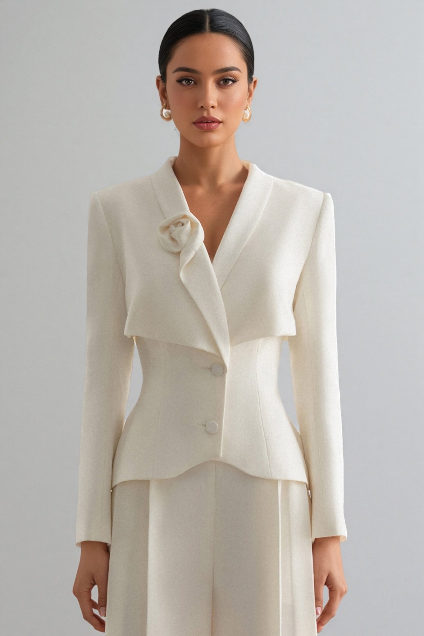Fiorlk Beige 3D Flower Suit Two-Piece Set