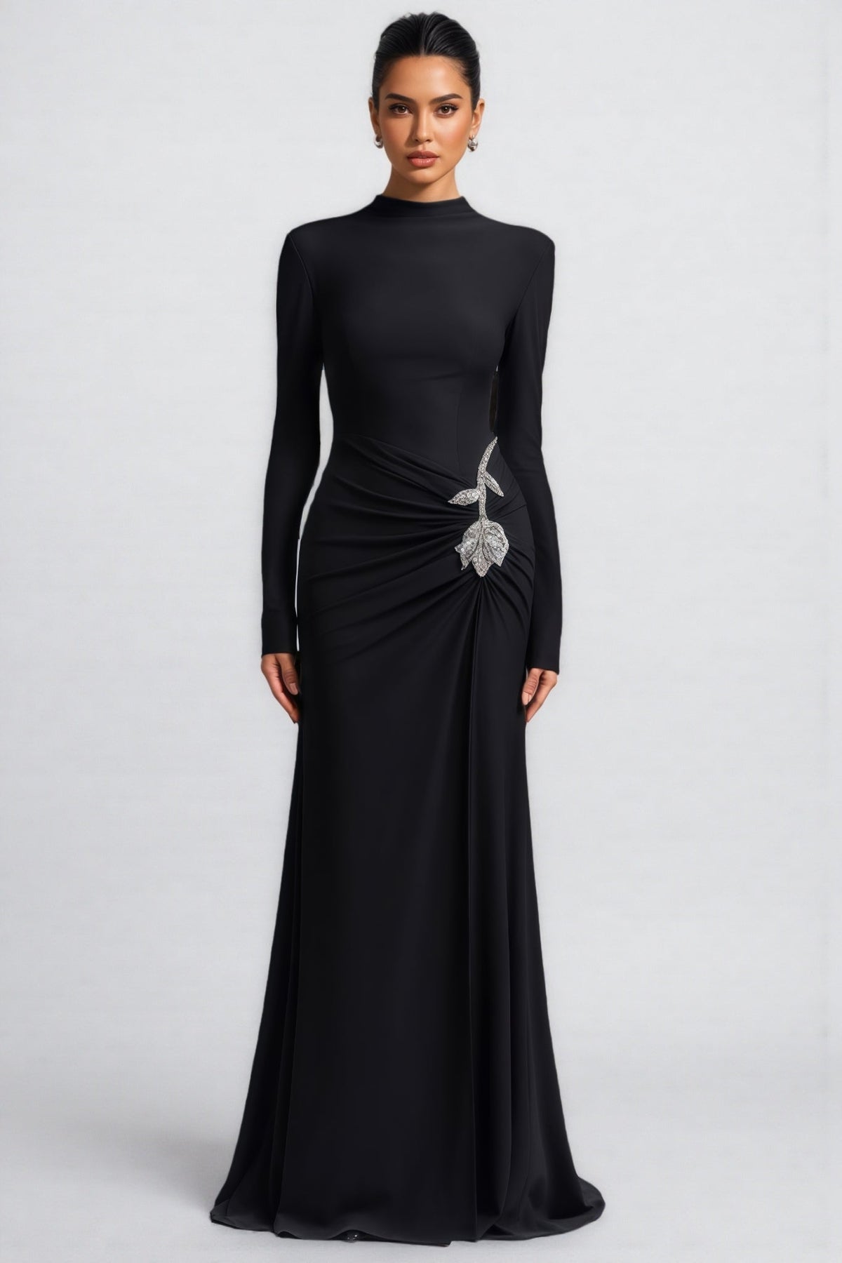 Mock Neck Long Sleeve Ruched Rhinestone Leaf Applique Maxi Gown