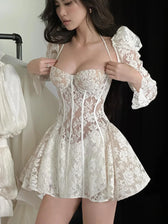 A-Line Backless Puff Sleeve Mini Lace Dress 2