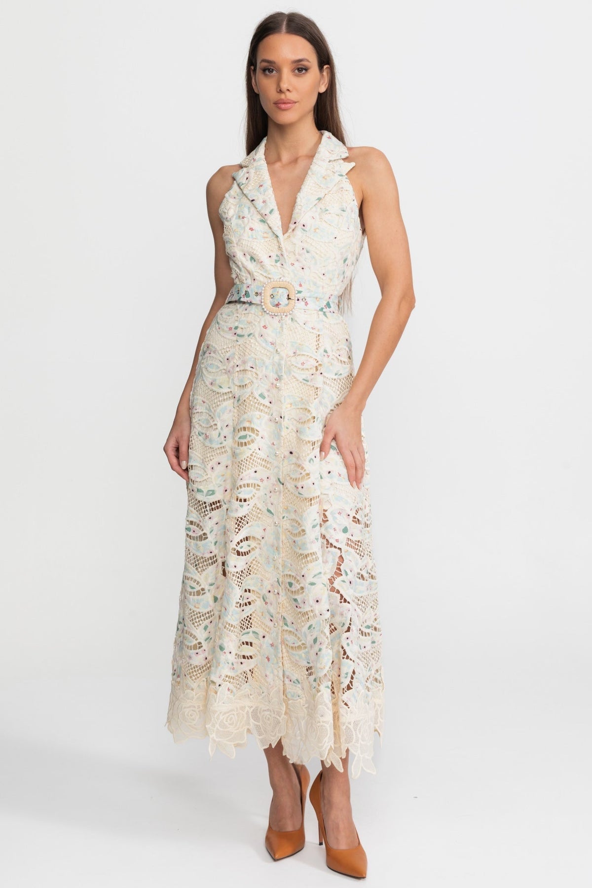 Cut Out Lace Notched Collar Sleeveless Belted Scalloped Hem Midi Dress 5