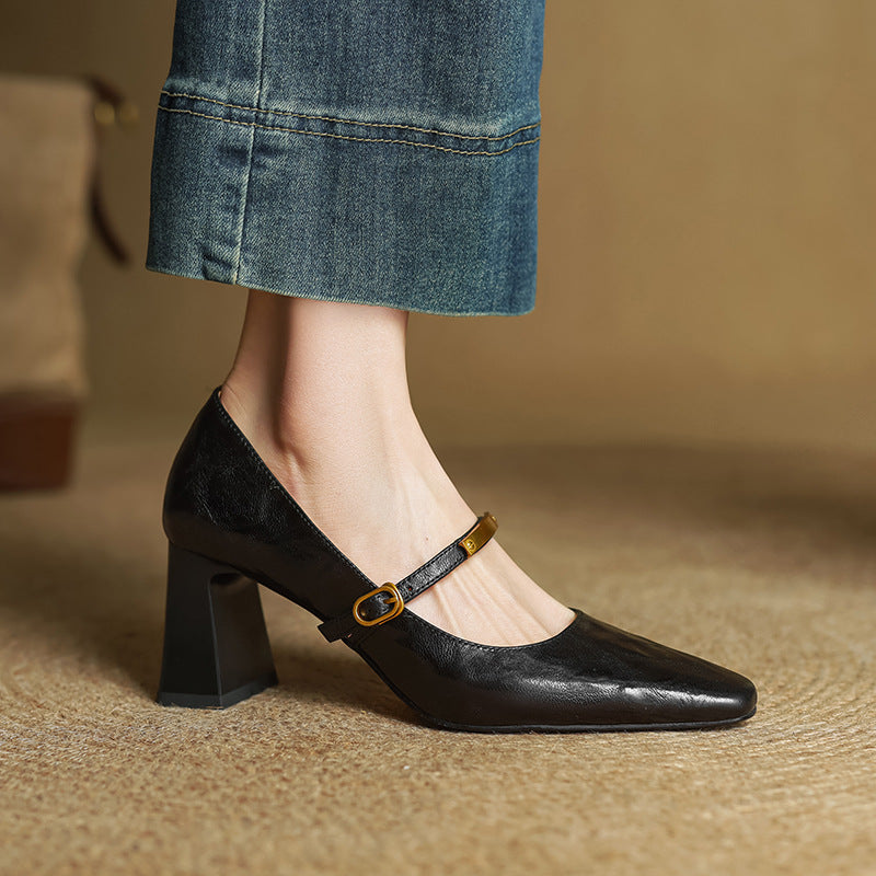 Square Toe Buckle Strap Block Heel Mary Jane Pumps