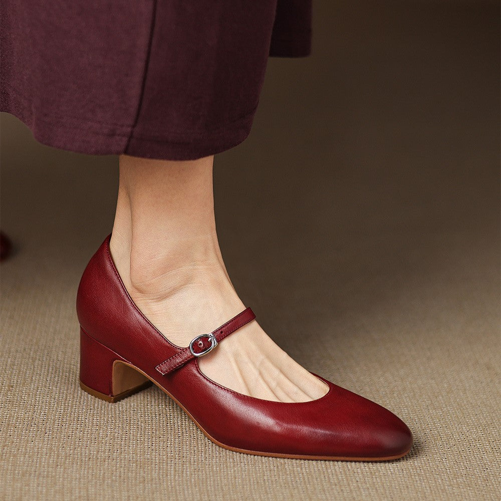 Square Toe Buckle Strap Block Heel Mary Jane Pumps