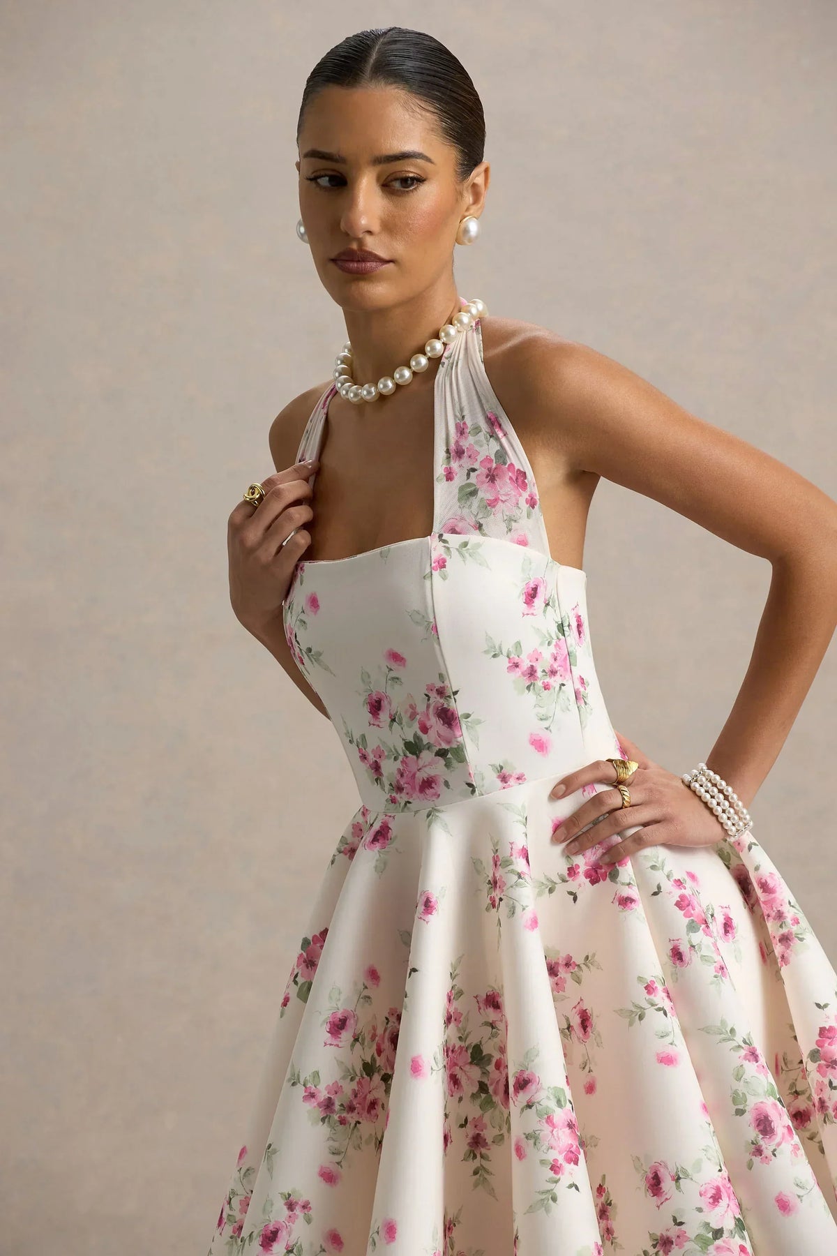 Floral Halter Neck Square Neckline Skater Mini Dress 3