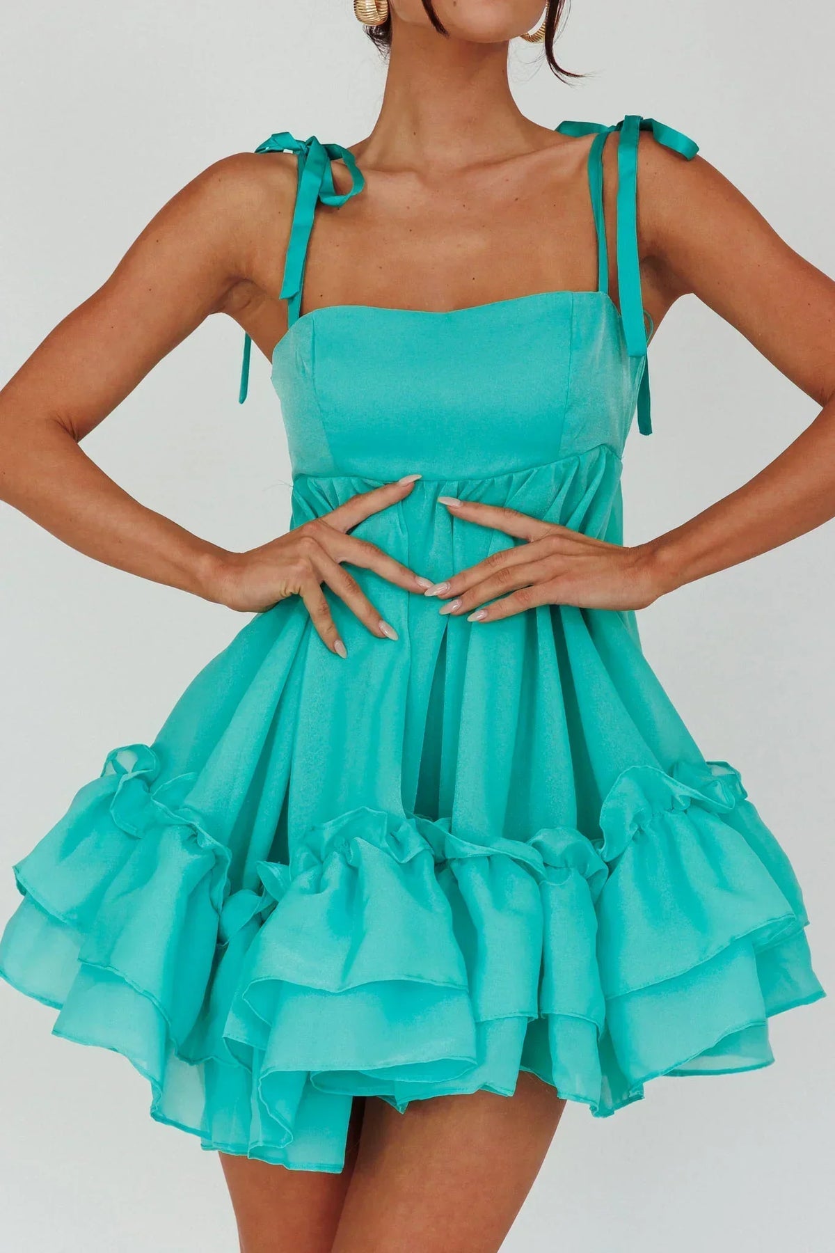 Square Neck Tie Shoulder Babydoll Layered Ruffle Hem Mini Dress