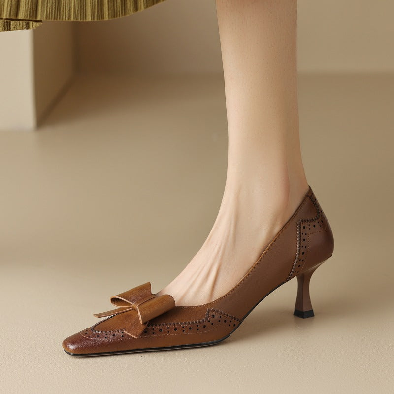 Square Toe Bow Brogue Kitten Heel Pumps