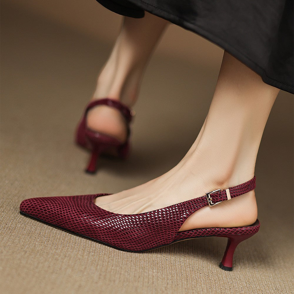 Pointed Toe Snake Print Slingback Kitten Heel Pumps
