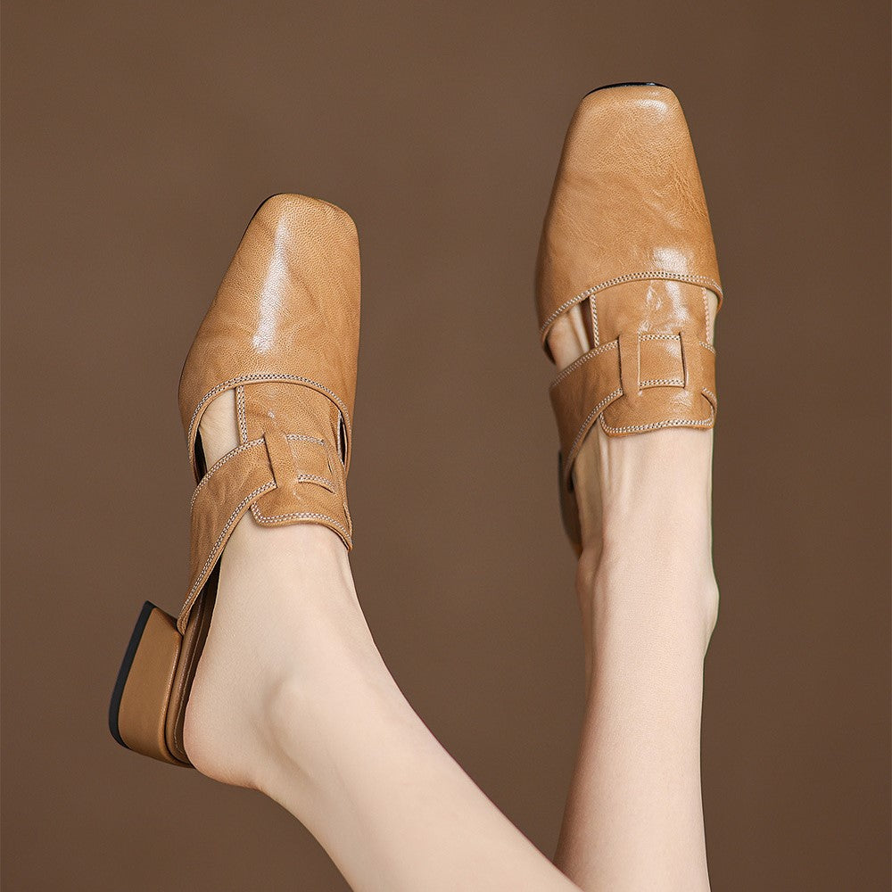 Closed Toe Buckle Strap Block Heel Mules