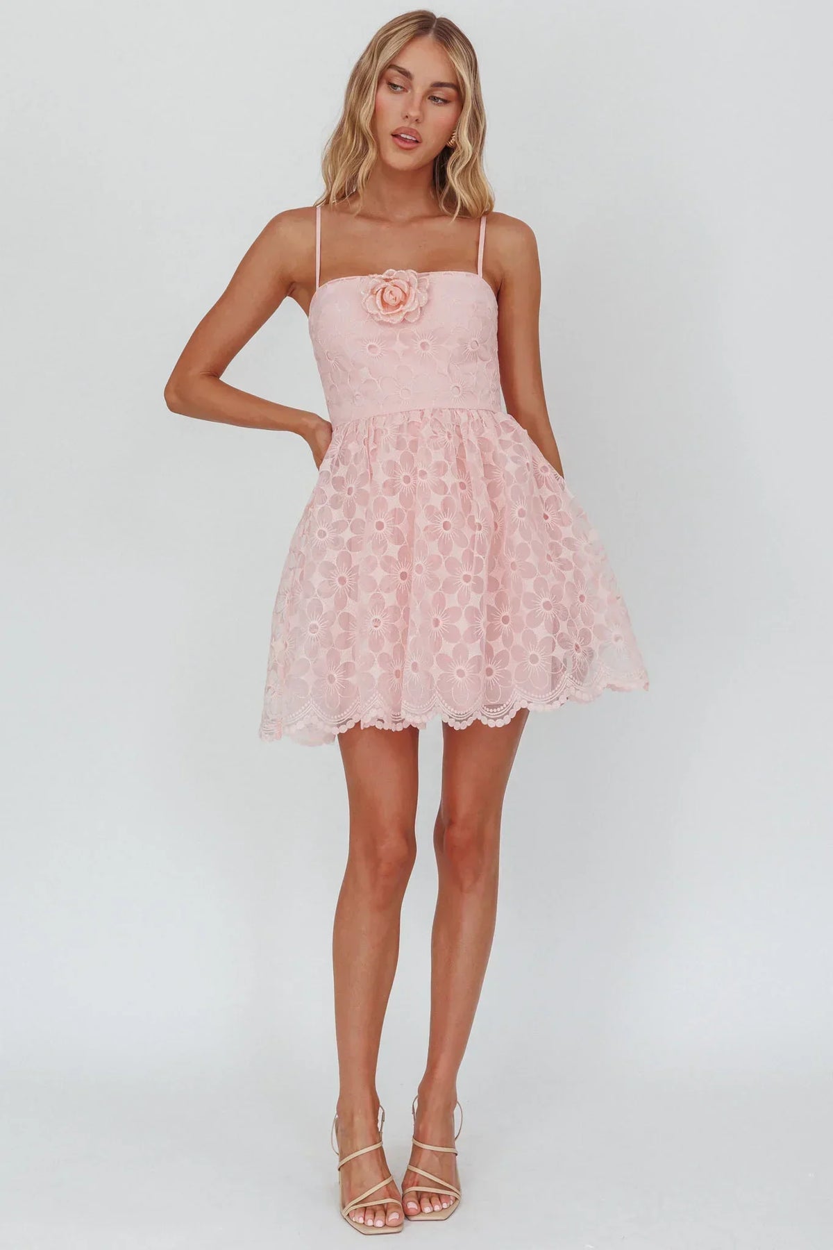 Bahia A-Line Square Neckline Mini Dress Lace Blush