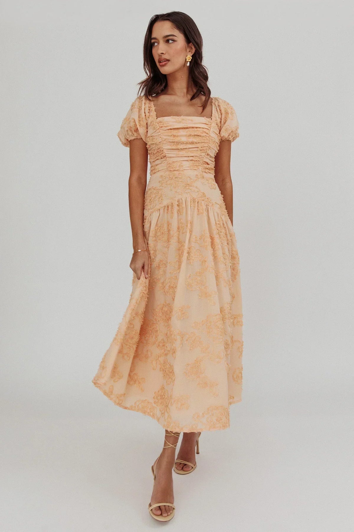 Textured Floral Square Neck Puff Sleeve Ruched Bodice Midi Dress 5