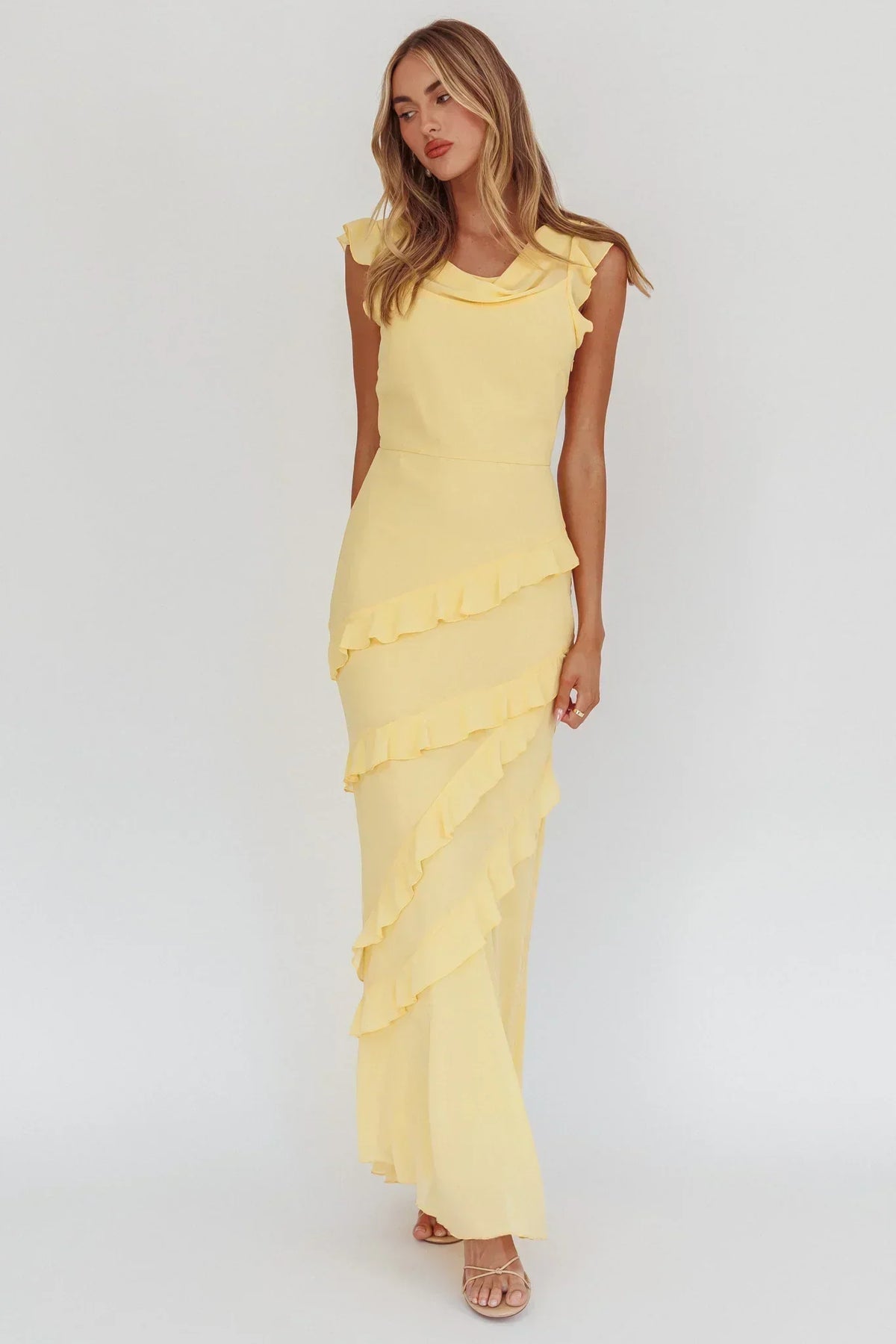 Cowl Neck Flutter Sleeve Tiered Ruffle Maxi Dress 4