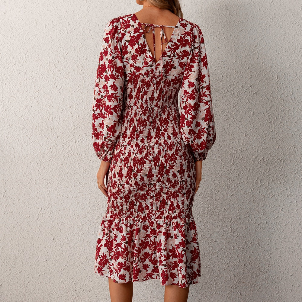 Floral Sexy Long Sleeve Bodycon Smocked Dress