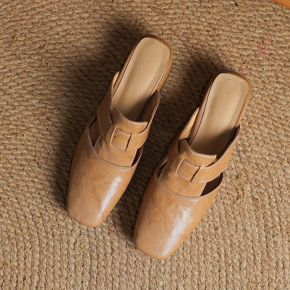 Closed Toe Buckle Strap Block Heel Mules