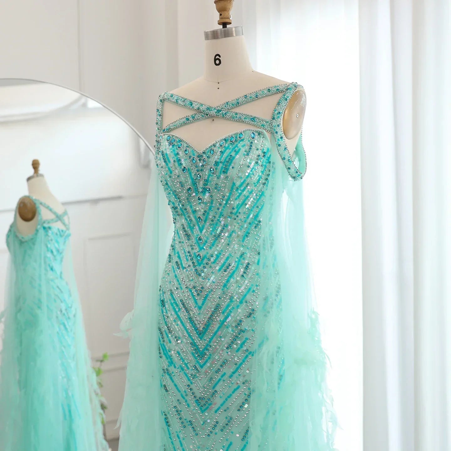 Turquoise Mermaid Evening Gown with Cape Sleeves