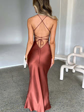 Satin Backless Lace Up Mermaid Silk Dress 2