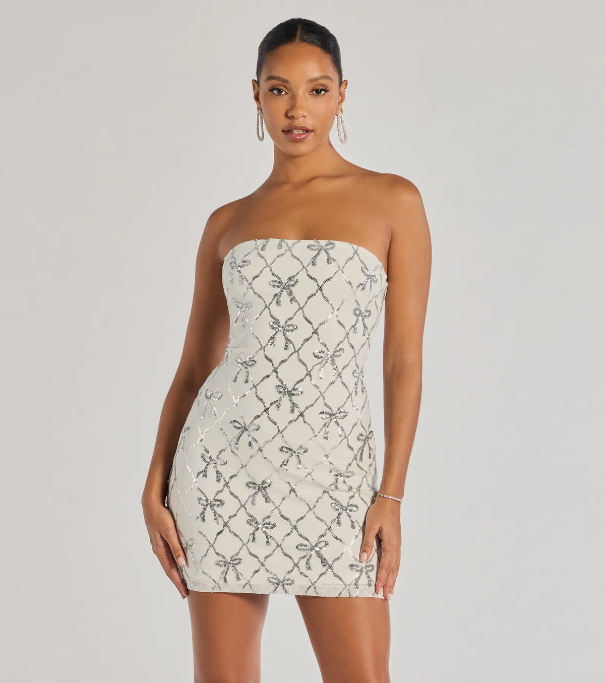 Sequin Bow Embroidered Mesh Strapless Bodycon Mini Dress 15