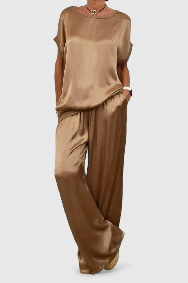 Round Neck Short Sleeve Top and Wide Leg Drawstring Pants Two Piece Set