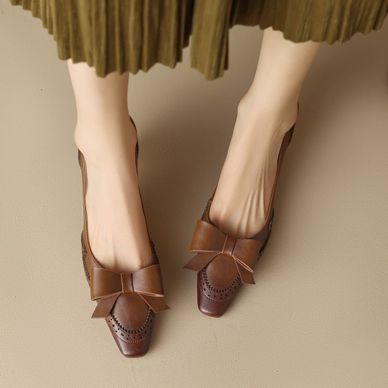 Square Toe Bow Brogue Detail Kitten Heel Pumps